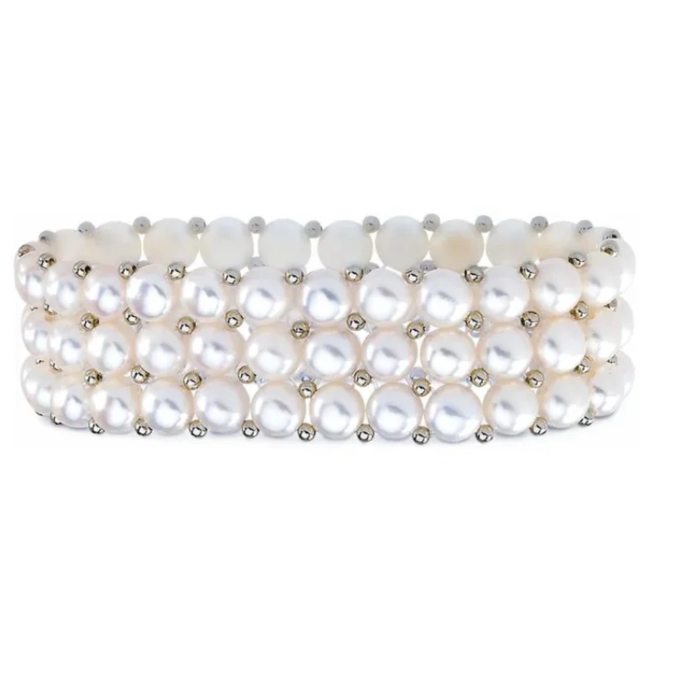 😍 Sterling Silver Cultured White Freshwater Pearl Stretch 7" Bracelet